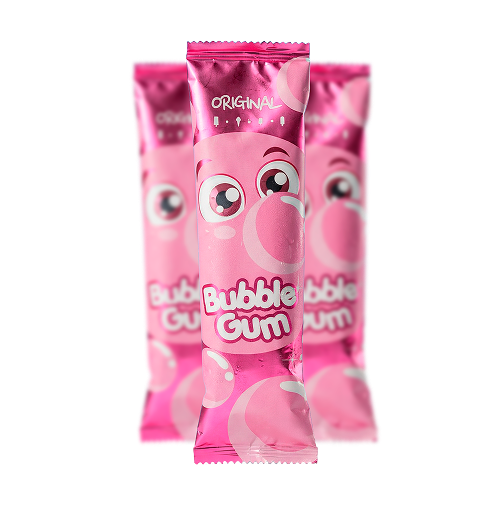 Three bright pink bubble gum ice cream bar packages displayed against a light beige background, with the front package in focus and two blurred packages behind it. The playful packaging features large cartoon eyes, pink bubbles, and the words “Bubble Gum.” Below, red text reads “KIDS – 2.36 OZ” beside a red arrow button.