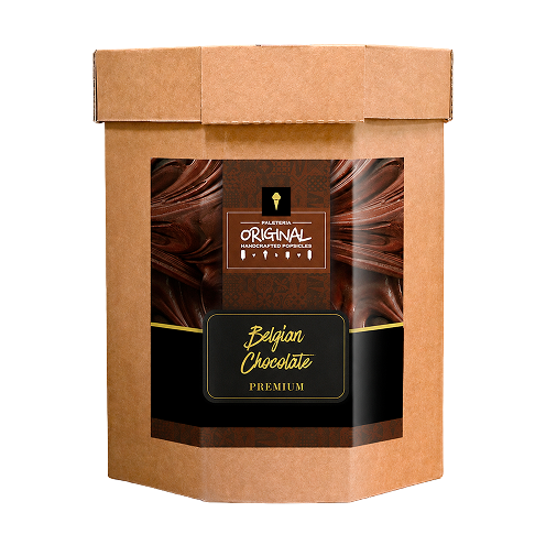 Large kraft paper ice cream container centered on a light beige background, featuring a dark brown and black label with chocolate swirls and the words “Belgian Chocolate Premium.” Below, red text reads “ICE CREAM – 1.75 AND 3 GALLONS” beside a red arrow button.