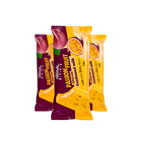 Three yellow and purple passion fruit ice cream bar packages displayed against a light beige background, with one package centered in focus and two blurred behind it. The packaging features passion fruit imagery and the words “Passion Fruit.” Below, red text reads “MINI – 2.4 OZ” beside a red arrow button.