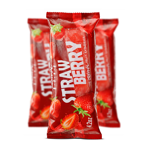Three red strawberry ice cream bar packages displayed against a light beige background, with one package centered in sharp focus and two blurred behind it. The packaging features strawberries and the words “Straw Berry.” Below, red text reads “ICE CREAM BAR – 4.2 OZ” beside a red arrow button.